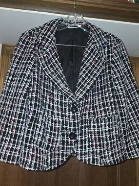 Women's Tweed Blazer Jacket Size Large Black White Pink Lined Career EUC